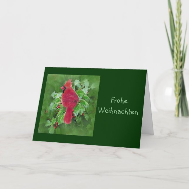 Frohe Weihnachten Christmas Cardinal Bird Holly Holiday Card (Front)