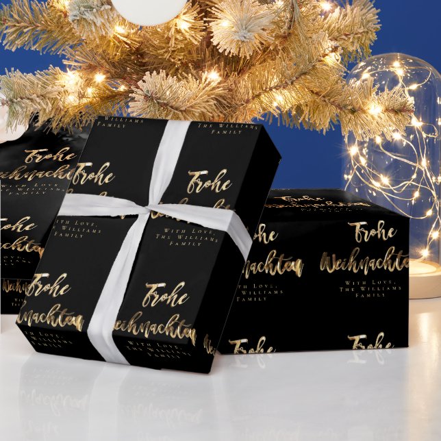 Frohe Weihnachten Elegant Black Gold Script German Wrapping Paper (Holidays)