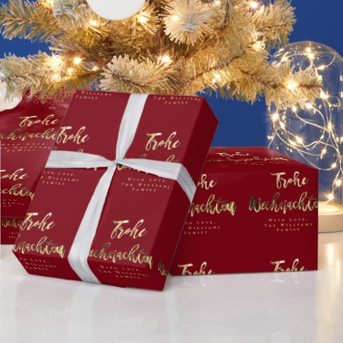 Frohe Weihnachten Elegant Red Gold Script German Wrapping Paper