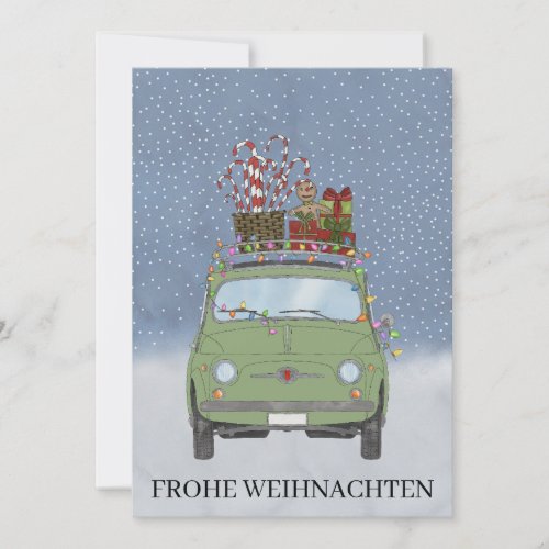 Frohe Weihnachten German Christmas Green Fiat 500  Holiday Card