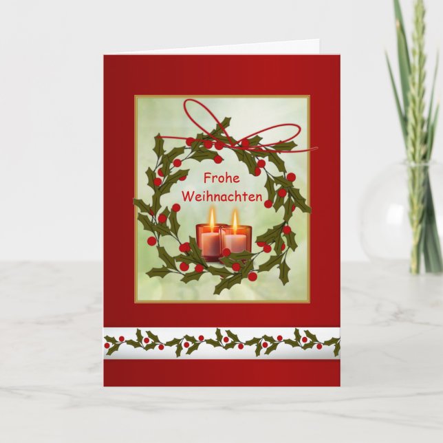 Frohe Weihnachten German Christmas - Holly, candle Holiday Card (Front)
