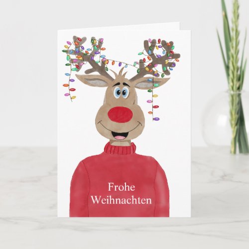 Frohe Weihnachten German Christmas Lights Reindeer Holiday Card
