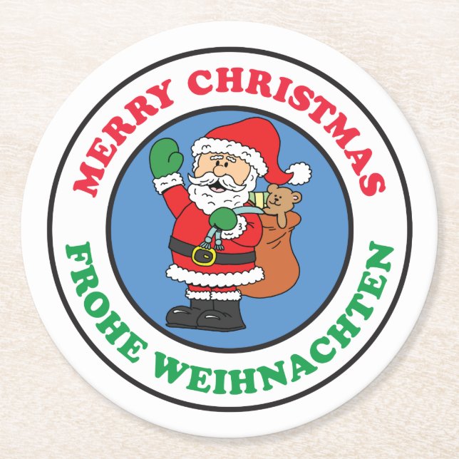 Frohe Weihnachten German Christmas Santa Round Paper Coaster (Front)