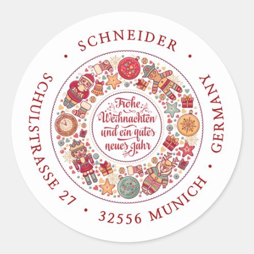 Frohe Weihnachten German Return Address Classic Round Sticker