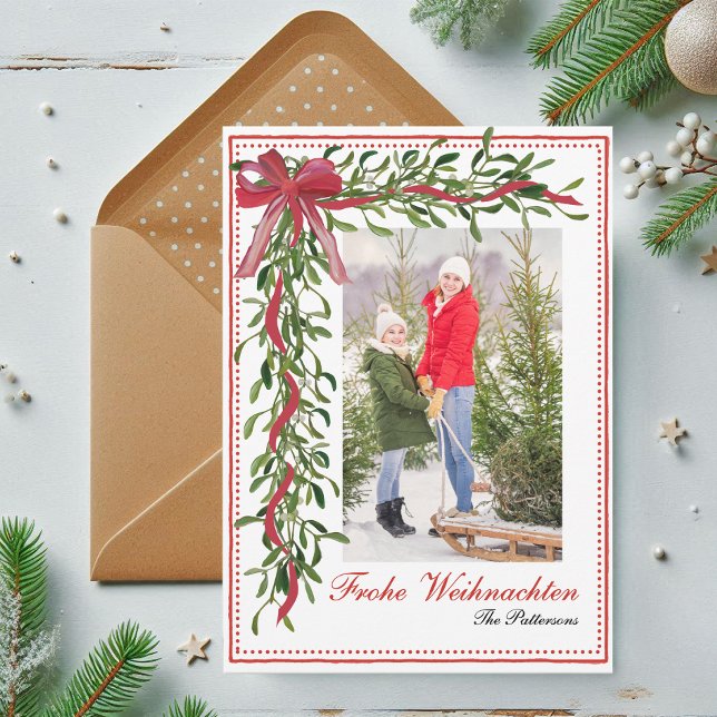 Frohe Weihnachten Mistletoe Red Bow Family Photo Holiday Card (Creator Uploaded)