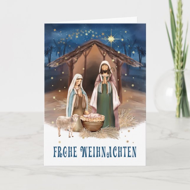 Frohe Weihnachten. Nativity Scene Card in German (Front)
