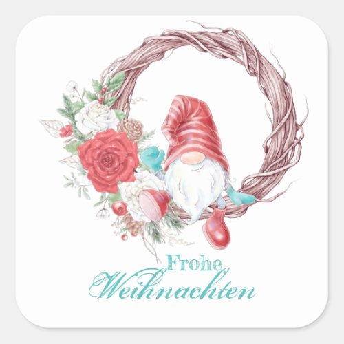 Frohe Weihnachten Red Gnome Wreath and Roses Square Sticker