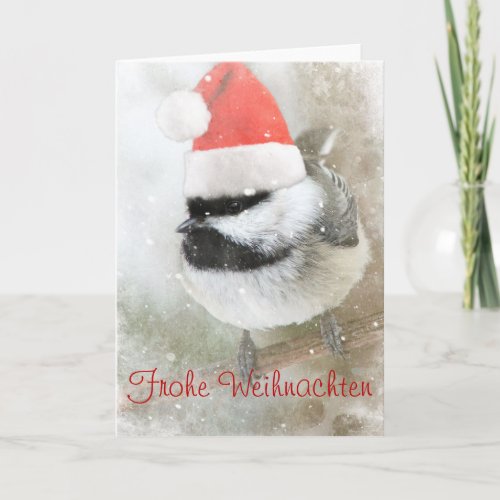 Frohe Weihnachten Santa Chickadee Holiday Card