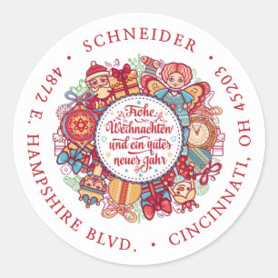 Frohe Weihnachten Wreath Return Address Classic Round Sticker