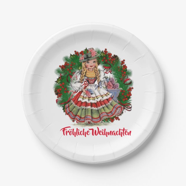 Fröhliche Weihn Merry Christmas German Retro Doll Paper Plates (Front)