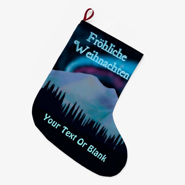 Frohliche Weihnachten - Blue Aurora Large Christmas Stocking (Front (Hanging))