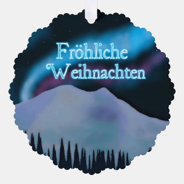 Fröhliche Weihnachten - Blue Aurora Ornament Card (Front)