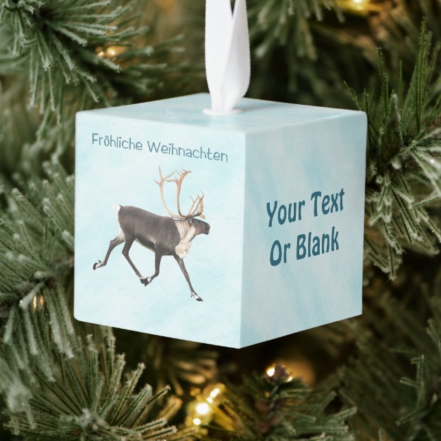 Fröhliche Weihnachten - Caribou (Reindeer) On Snow Cube Ornament (Tree)