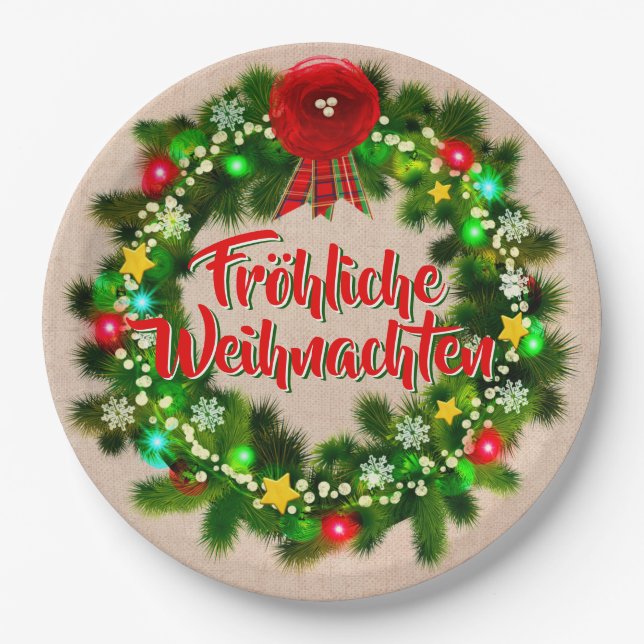 Fröhliche Weihnachten Christmas 9" Paper Plates (Front)