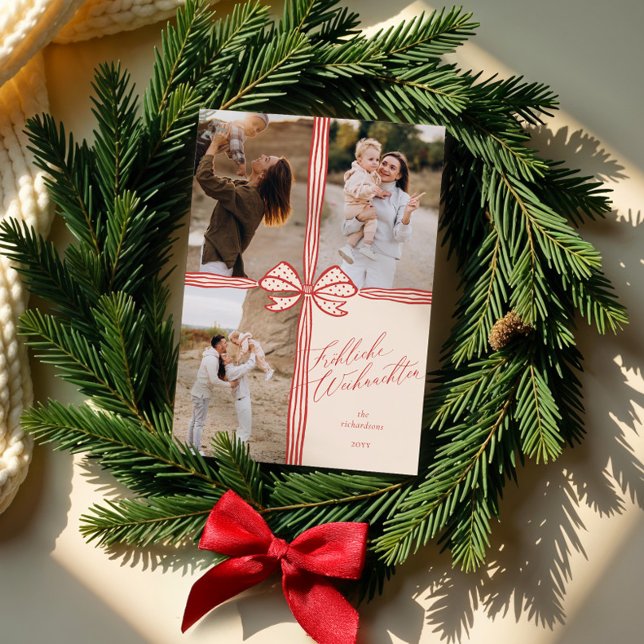 Fröhliche Weihnachten Elegant Holiday Bow Photos Card (Fröhliche Weihnachten Elegant Holiday Bow Photos)