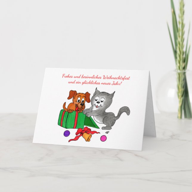 Fröhliche Weihnachten, Hund und Katze auf Deutsch Holiday Card (Front)