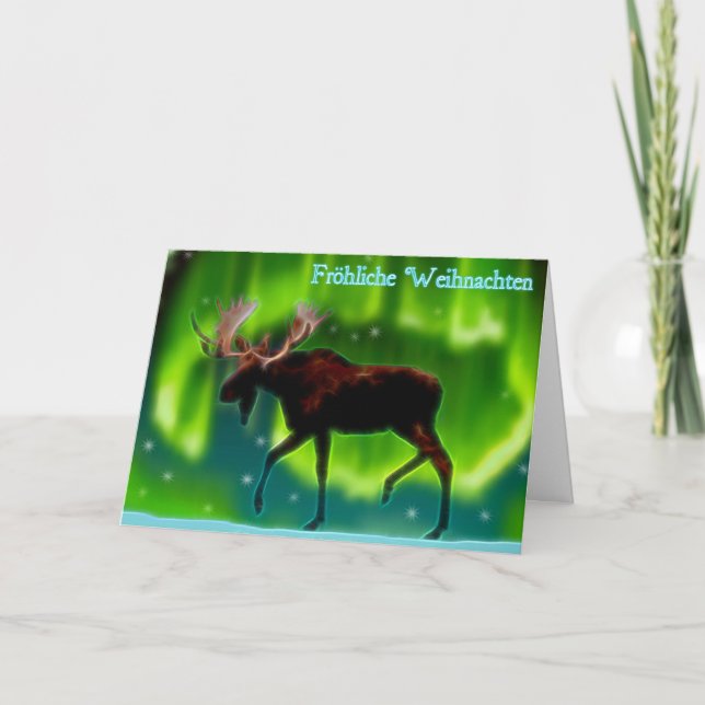 Fröhliche Weihnachten - Northern Lights Moose Holiday Card (Front)