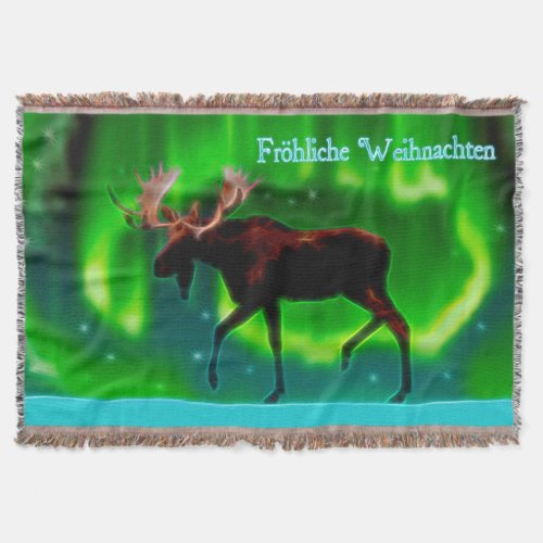 Frohliche Weihnachten _ Northern Lights Moose Throw Blanket
