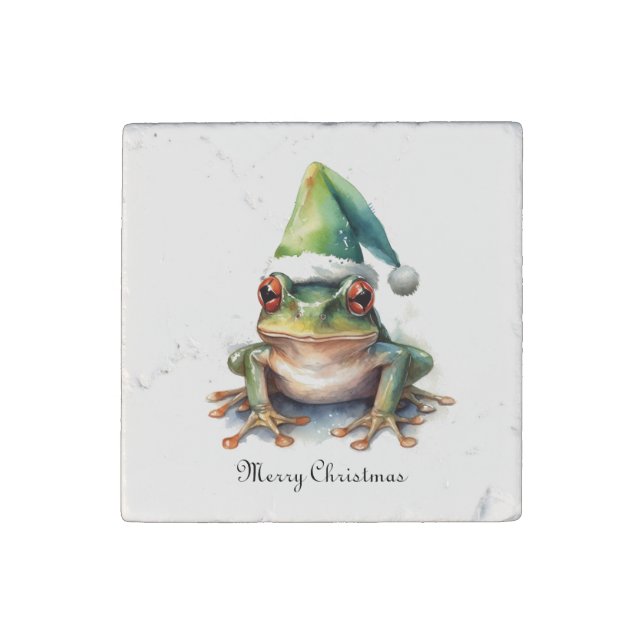 Frolic Christmas Frog, custom Stone Magnet (Front)