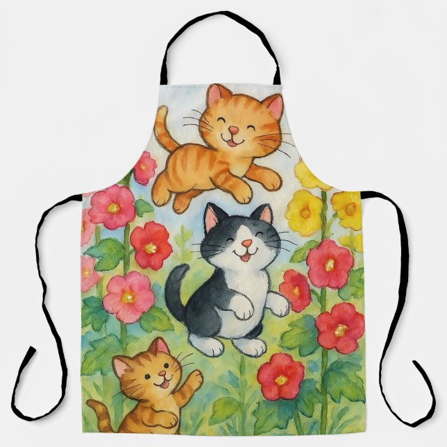 Frolicking Country Cats In Flower Garden Apron (Front)