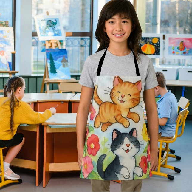 Frolicking Country Cats In Flower Garden Apron (Frolicking country cats art apron for kids)