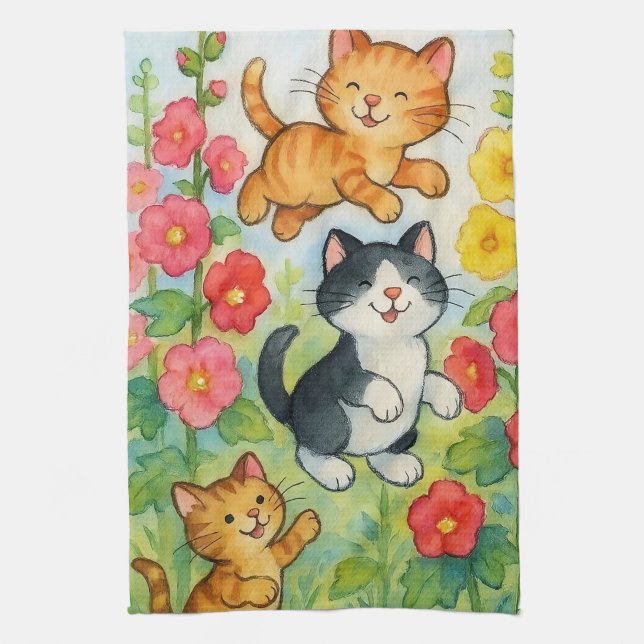 Frolicking Country Cats in Flower Garden Kitchen Towel (Vertical)