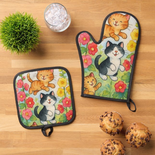 Frolicking Country Cats in Flower Garden Oven Mitt & Pot Holder Set (Top Down)