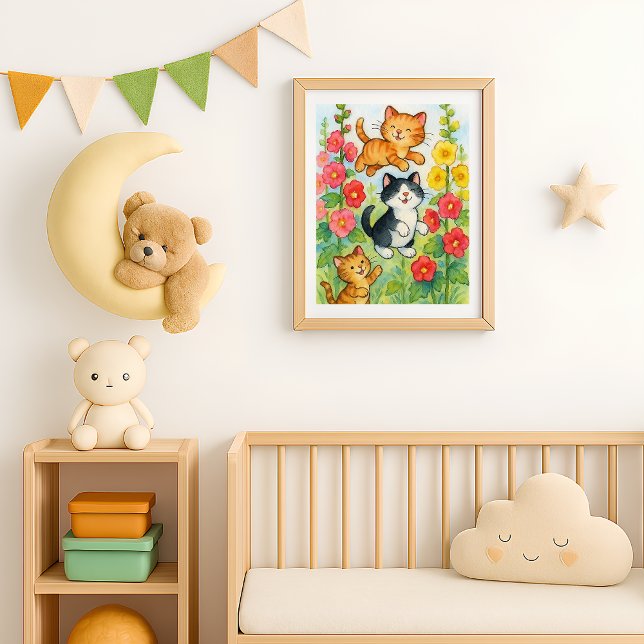 Frolicking Country Cats in Flower Garden Poster (Frolicking Country Cats in Garden poster print in situ)