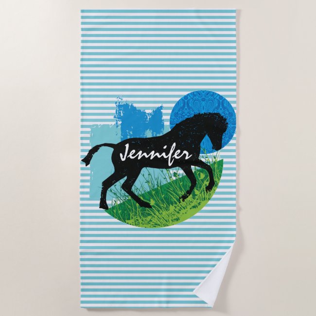 Frolicking Horse Stripes Design Beach Towel