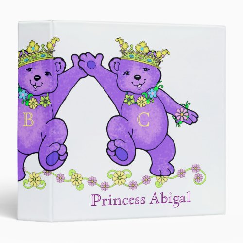 Frolicking Purple Princess Bears Custom 3 Ring Binder