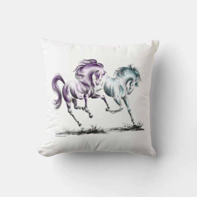 Frolicking Racing Wild Horses Throw Pillow (Front)