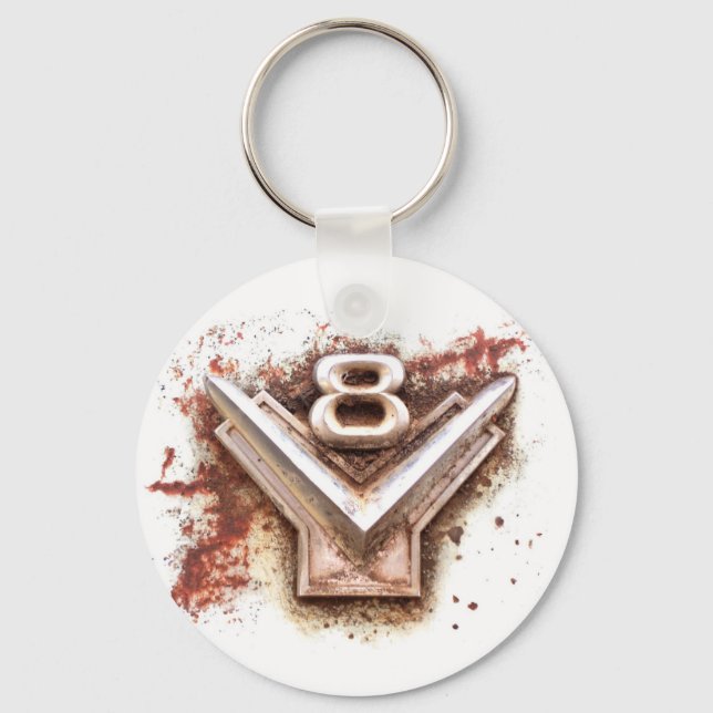 From classic car: Rusty old v8 emblem in chrome Keychain (Front)