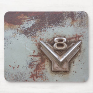 From classic car: Rusty old v8 emblem in chrome Mouse Pad