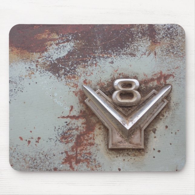 From classic car: Rusty old v8 emblem in chrome Mouse Pad (Front)