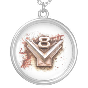 From classic car: Rusty old v8 emblem in chrome Silver Plated Necklace