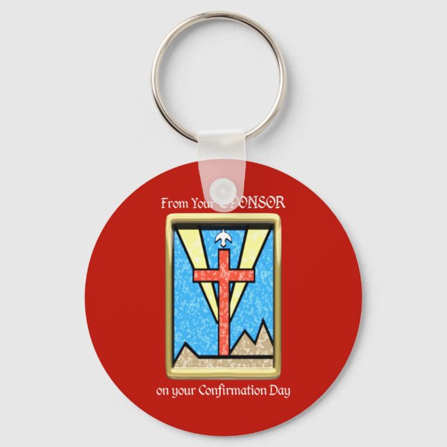 From Confirmation Sponsor, Dove and Cross on Red Keychain (Front)
