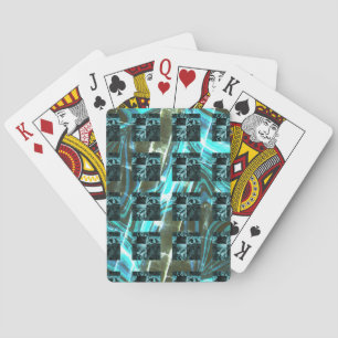 From distance, sees cyan fish scale, closely chess poker cards
