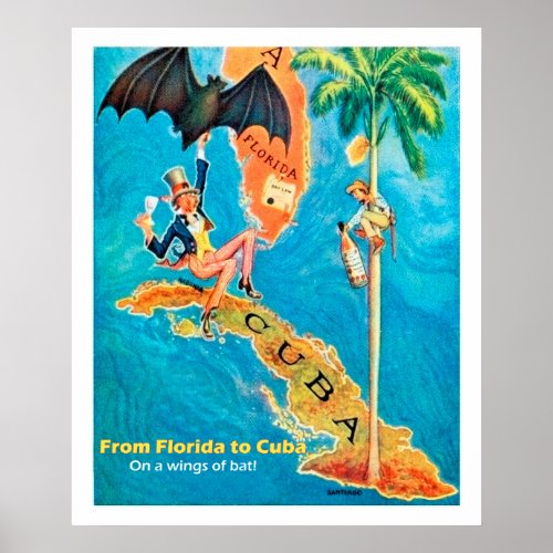From Florida to Cuba vintage funny illustration Poster