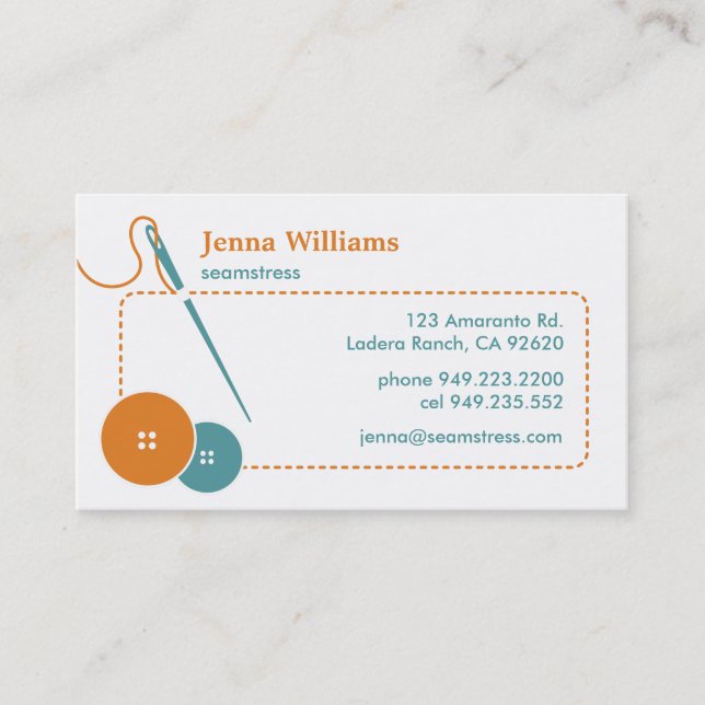 From Lucy: ARTISAN & SEAMSTRESS | orange & blue Business Card (Front)