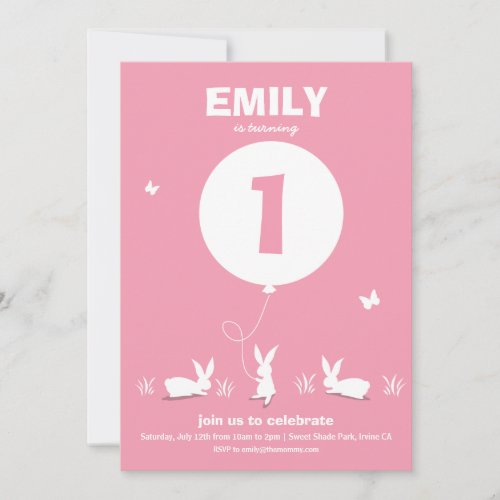 From Lucy BUNNY BALLOON  Pink Kids Birthday Invitation