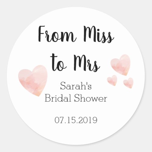 From Miss to Mrs Bridal Shower Pink Hearts Classic Round Sticker