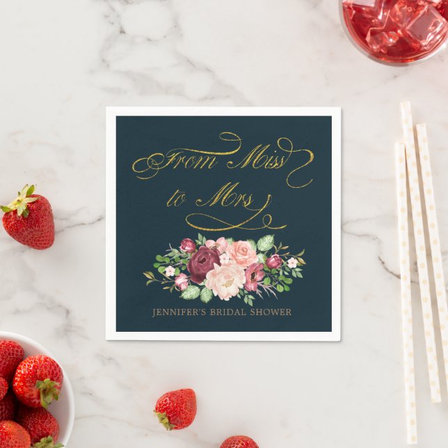 From Miss To Mrs Floral Calligraphy Gold Monogram Napkins (Insitu)