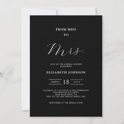 From Miss to Mrs Minimal Black Bridal Shower Invitation