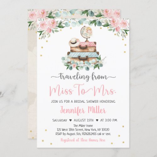 From Miss To Mrs Pink Floral Travel Bridal Shower Invitation