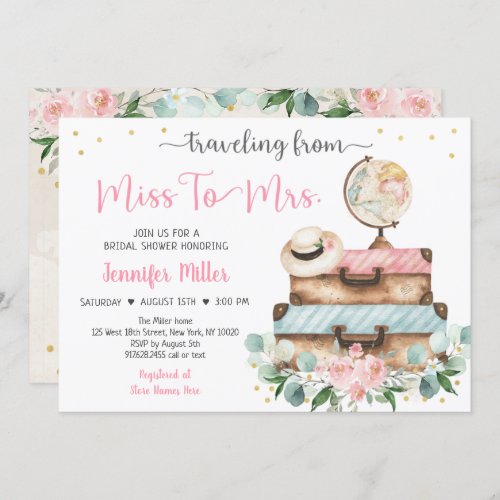 From Miss To Mrs Pink Floral Travel Bridal Shower  Invitation