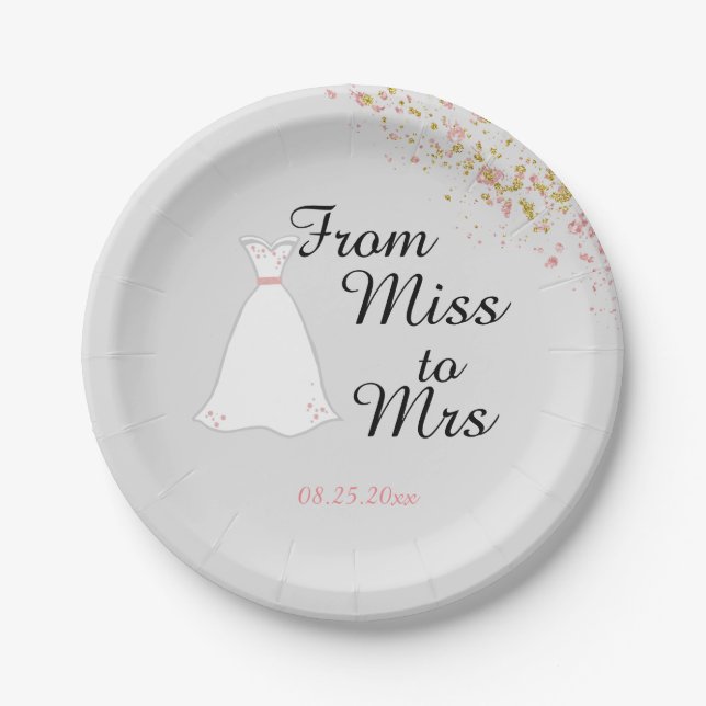 From Miss to Mrs Pink Glitter Bridal Shower Paper Plates (Front)