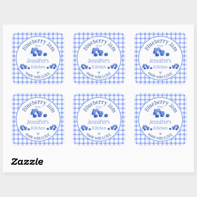 From NAME Kitchen with Love Blueberry Blue Check  Square Sticker (Sheet)