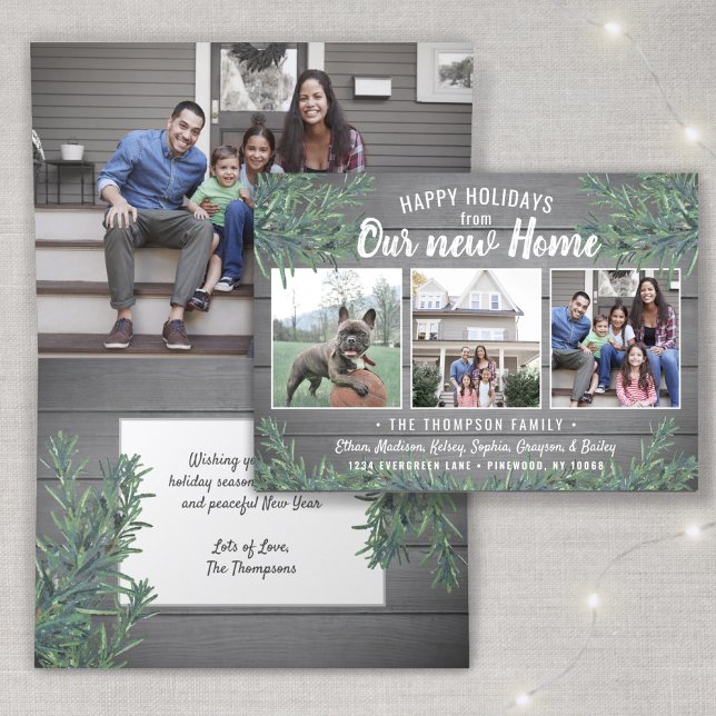 From New Home 4 Photo Gray Wood Christmas Folded Holiday Card (Creator Uploaded)