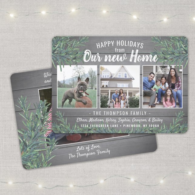 From New Home Any Greeting 4 Photo Gray Wood Xmas Holiday Card (Creator Uploaded)