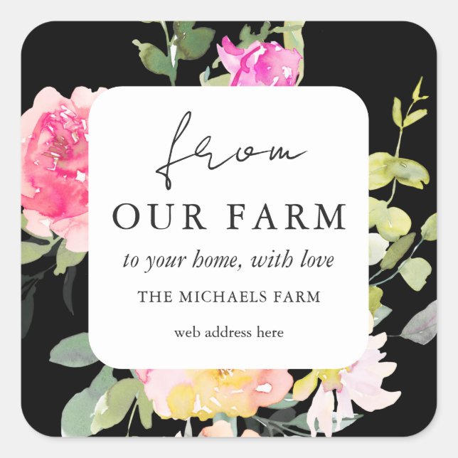From Our Farm to You Rustic Floral Black Square Sticker (Front)